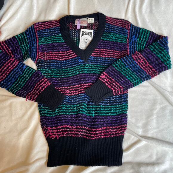 PRONTO Small Vintage 70s Striped Sweater Knit Multicolored Black V Neck - Picture 1 of 5